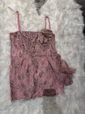 Women’s Pink Floral Lace Slip Dress with Chiffon Accent